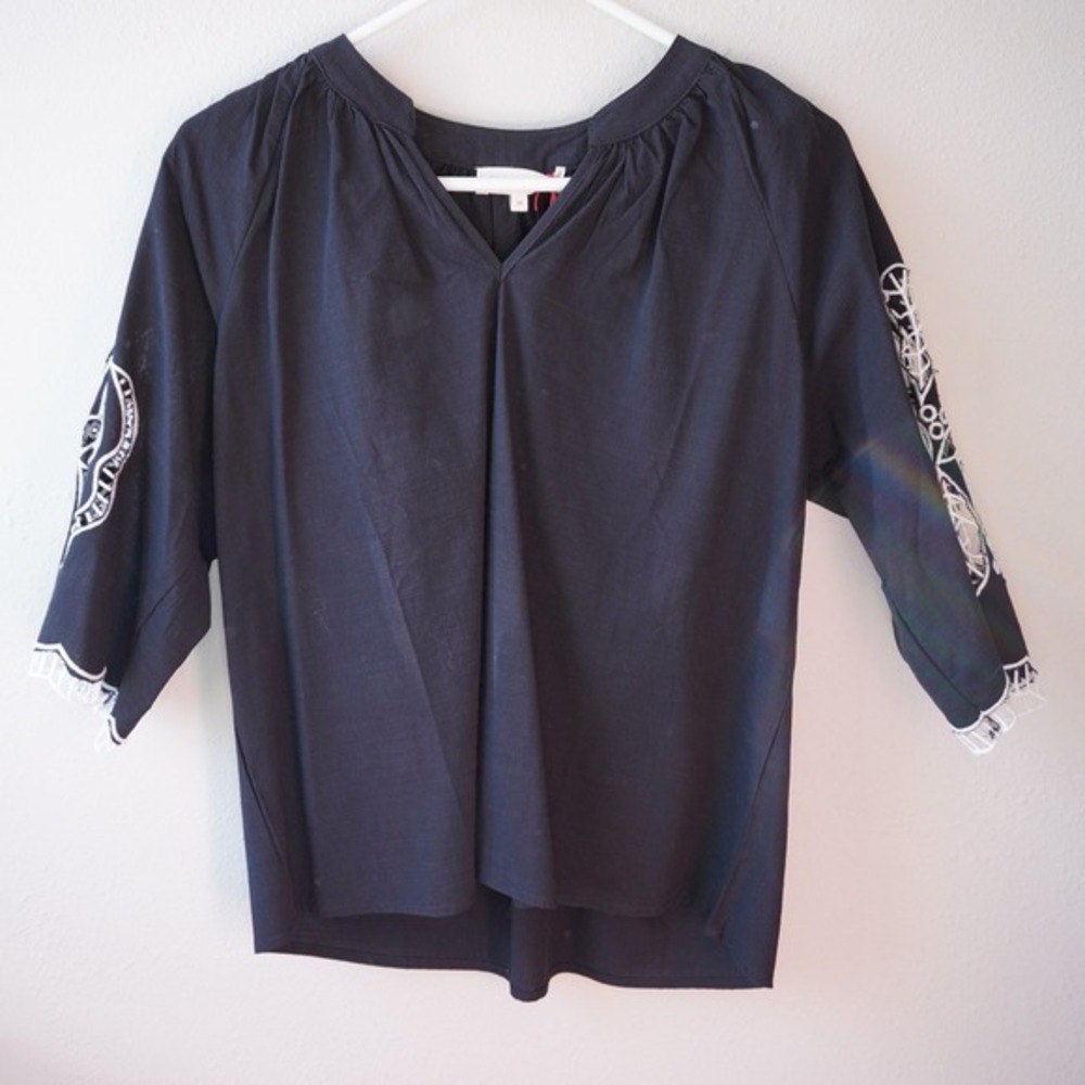 Solitaire Black Linen Blend V-Neck Shirt Embroidered Artisan Blouse‎ Artsy Boho